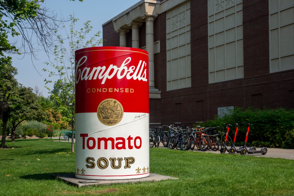 Campbell's Tomato Soup can sculpture on campus