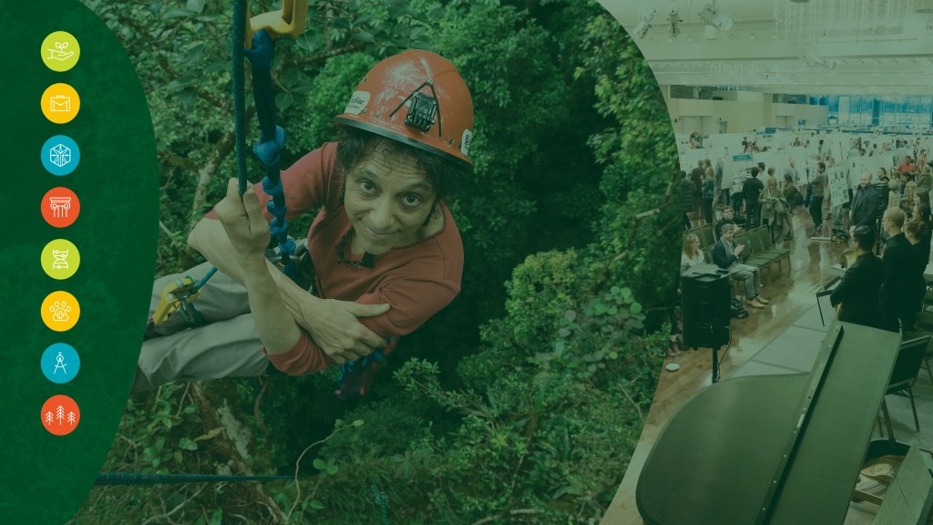 Nalini Nadkarni climbing in a canopy, with another photo of the GradShow poster presentation room